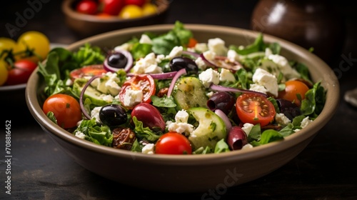 A Mediterranean-inspired salad with feta cheese, kalamata olives, and cherry tomatoes.