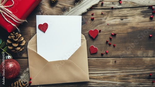 Envelope with blank letter, hearts and gift box on wooden background, love letter, valentine's day
