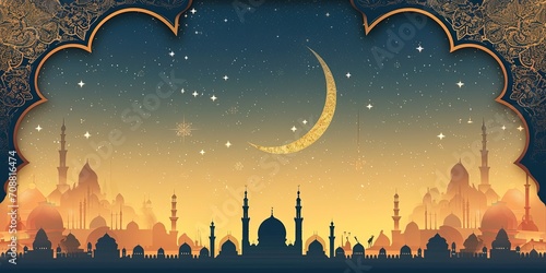 Ramadan card with arabic mosque, moon and starry sky on blue and gold background photo