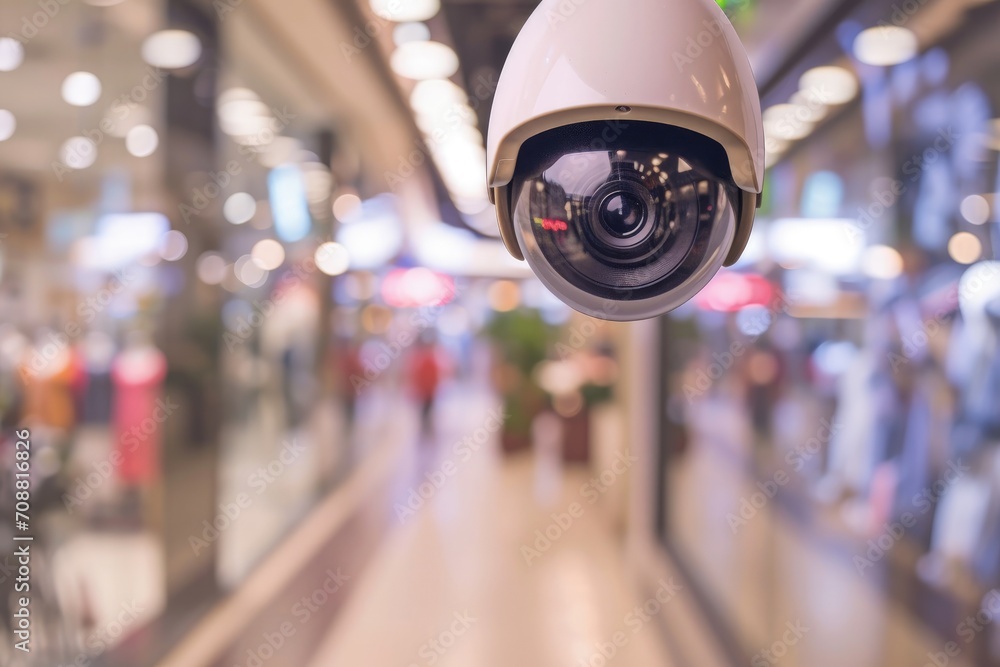 Security camera seen up close in a shopping mall corridor, Security camera inside a shopping center Security camera seen up close in a shopping mall corridor, Security camera inside a shopping center