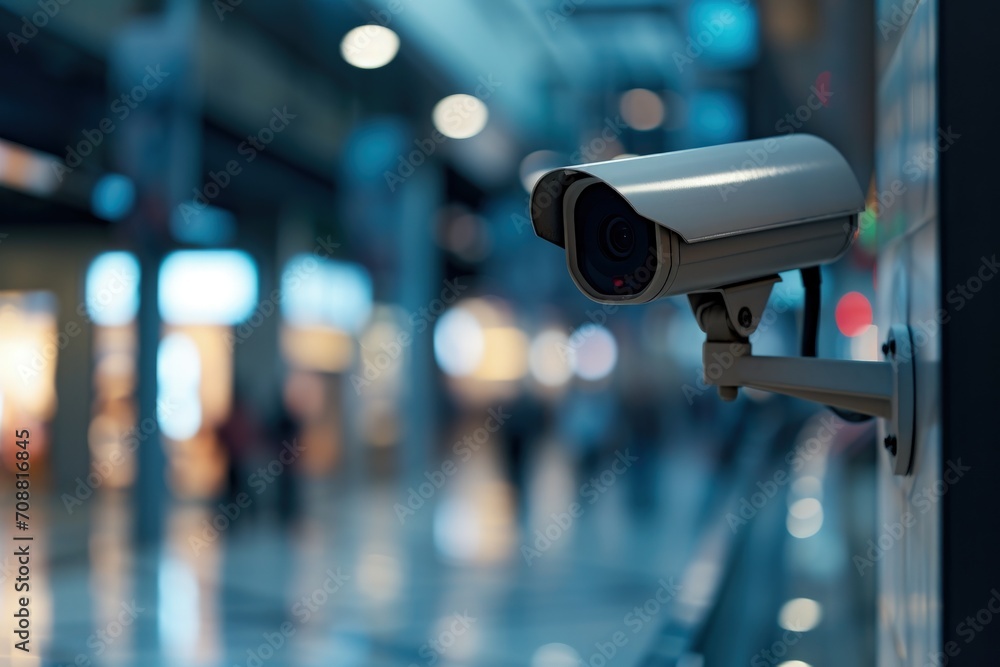 Security camera seen up close in a shopping mall corridor, Security camera inside a shopping center Security camera seen up close in a shopping mall corridor, Security camera inside a shopping center