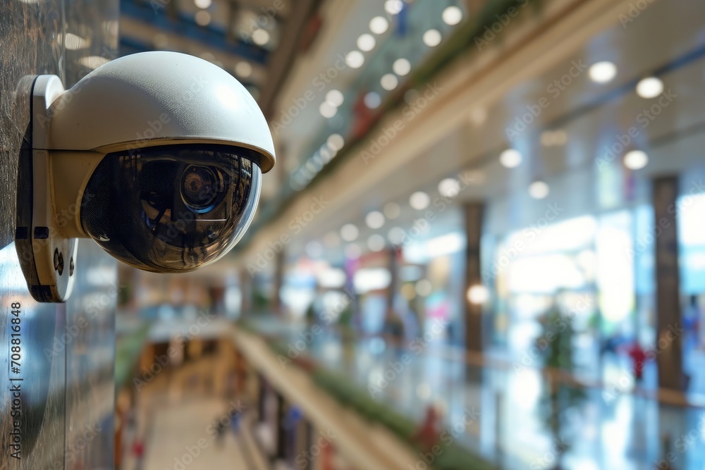 Security camera seen up close in a shopping mall corridor, Security camera inside a shopping center Security camera seen up close in a shopping mall corridor, Security camera inside a shopping center