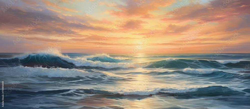 Sunrise over serene ocean: Stunning moment as sun arises, casting golden glow onto tranquil waves. Sky painted with hues.
