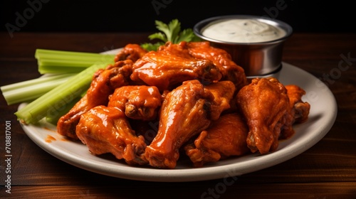 A plate of spicy buffalo wings with celery sticks and blue cheese dip.