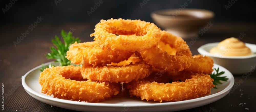 Crispy onion rings breaded and fried. Crispy onion rings breaded and fried.