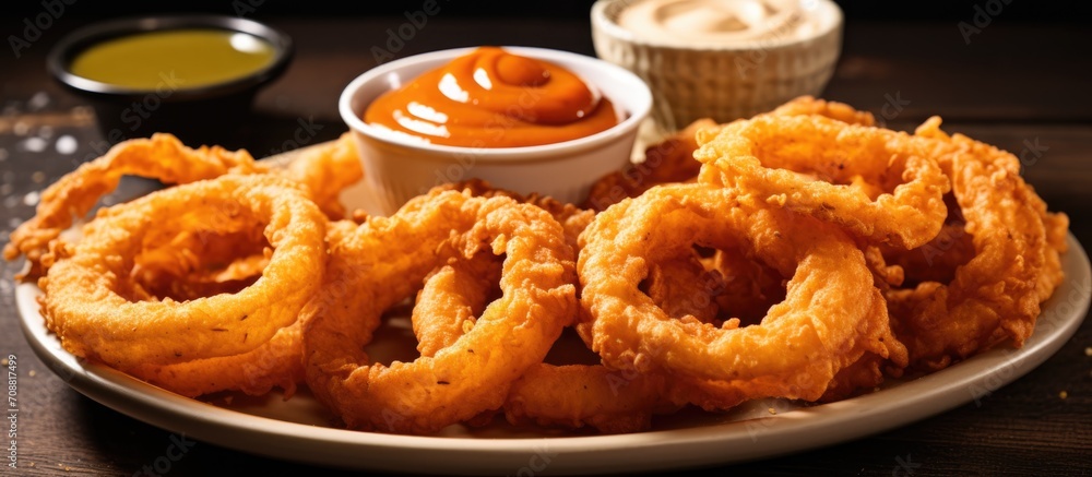 Deep-fried onion rings with batter and accompanied by tortilla chips and sauce.