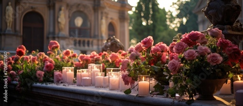 Decorations at Mirogoj cemetery: flowers and candles on tombs. © AkuAku