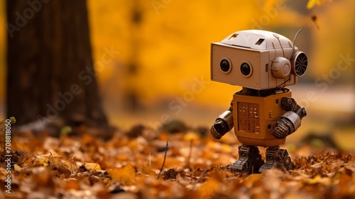 Charming Autumnal Scene with a Vintage Robot Exploring a Bed of Fallen Leaves, Illustrating the Intersection of Nature and Technology
