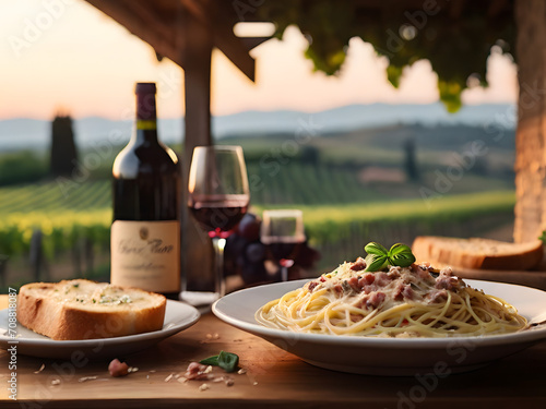 Elegant Outdoor Dinner with Wine and Pasta in Vineyard at Sunset