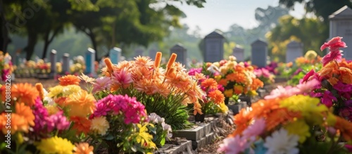 Colorful flowers adorn the well-kept cemetery with rows of gravestones.