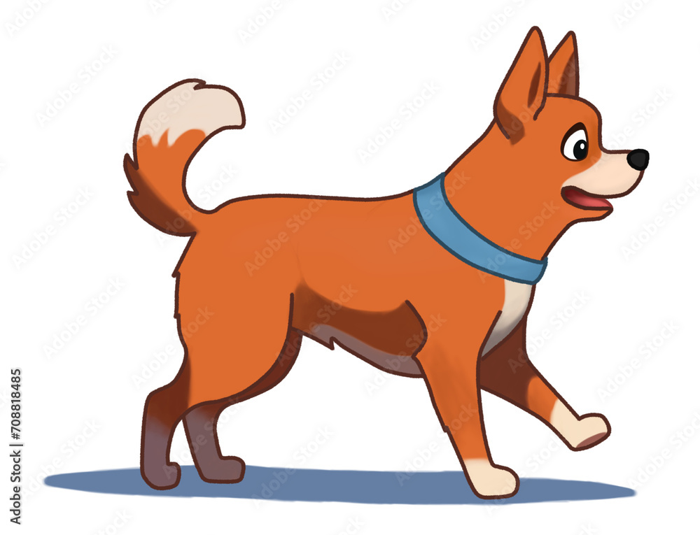 Basenji dog running with happy expression and raised tail, digital art, animated illustration, with shadow, PNG.