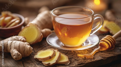 Invigorating Ginger Tea with Lemon and Honey, a Healthy Brew in a Clear Cup on a Rustic Wooden Background