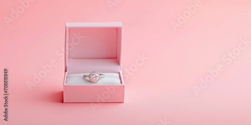 Box with wedding ring isolated on pink background, engagement ring, dating ring, valentine's day photo