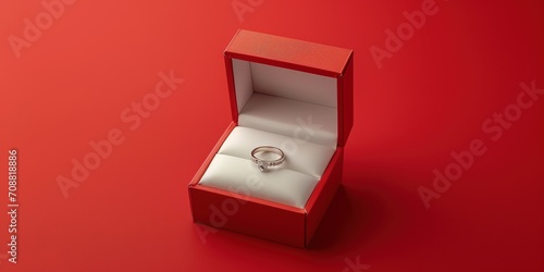 Box with wedding ring isolated on red background, engagement ring, dating ring, valentine's day