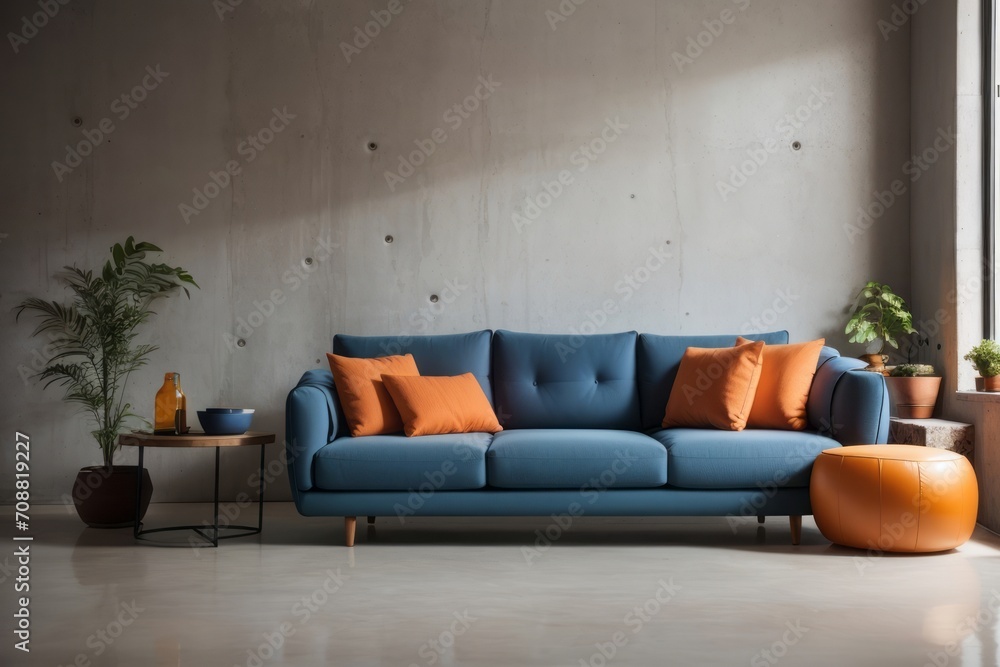 Fototapeta premium Interior home design of modern living room with blue sofa and old gray concrete wall