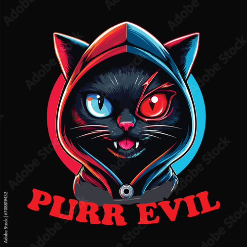 Cute lettering cool  black purr evil cat wearing hoodie with red and blue bi colored eyes, typography eps cartoon concept vector illustration for t shirt, hoodie, clipart, poster, banner, sticker