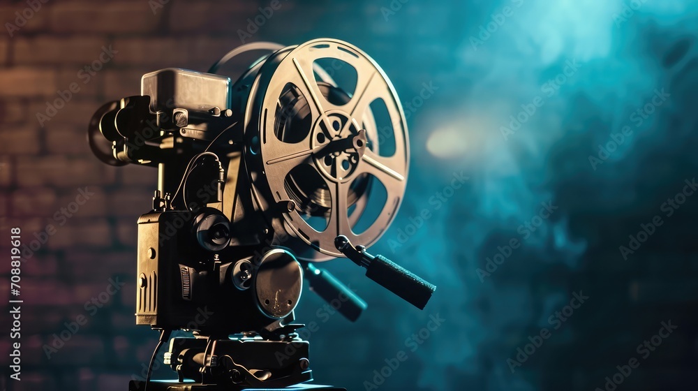 film projector on a wooden background with dramatic lighting and selective focus