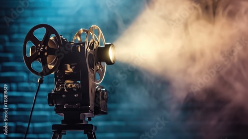 film projector on a wooden background with dramatic lighting and selective focus photo