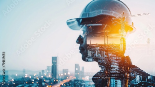 Future building construction engineering project concept with double exposure graphic design. Building engineer, architect people or construction worker working with modern civil equipment  photo