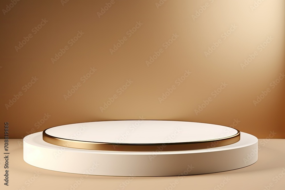 Thin minimal podium display for product presentation with flat white and gold color background Thin minimal podium display for product presentation with flat white and gold color background