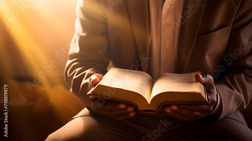 man reading the bible while a ray of sunlight shines on him