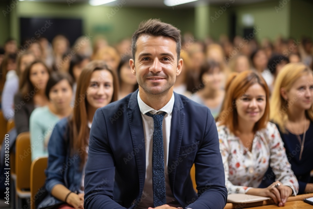 Male professor sitting in a lecture hall full of female students Male professor sitting in a lecture hall full of female students