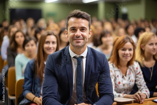 Male professor sitting in a lecture hall full of female students