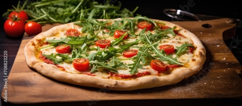 Pizza with arugula and cherry tomatoes on board