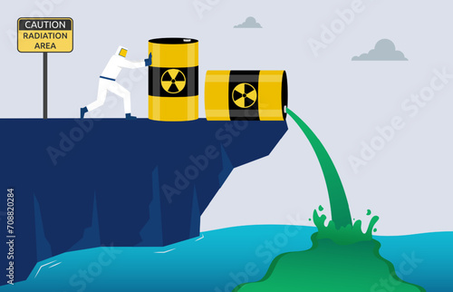 Worker dump radioactive waste into the sea, hazardous waste water pollution, global concern for human and environment health, harmful material contamination