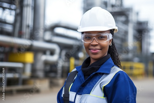 Smiling black female chemical engineer wearing hardhat and safety glasses in front of industrial plant © duyina1990