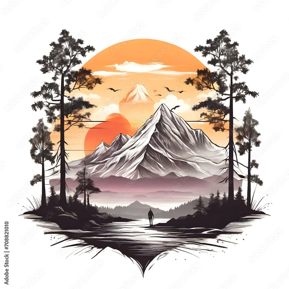 Adventure  with Mountain Sunset, tree on white background, illustration for T-Shirt Design