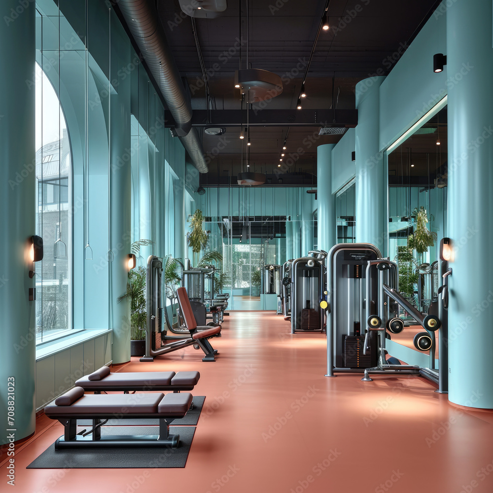 Fototapeta premium Light Turquoise Gym Interior: Machine Detailing