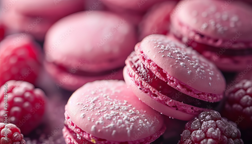 Close-up of pink macarons dusted with sugar among raspberries, conveying a sweet indulgence, AI generated Close-up of pink macarons dusted with sugar among raspberries, conveying a sweet indulgence, AI generated