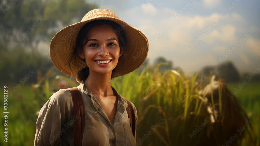 Portrait of a farmer woman smiling - obrazy, fototapety, plakaty 