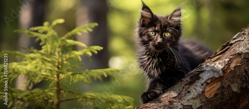 Large black Maine Coon kitten perched on a forest tree in summertime.
