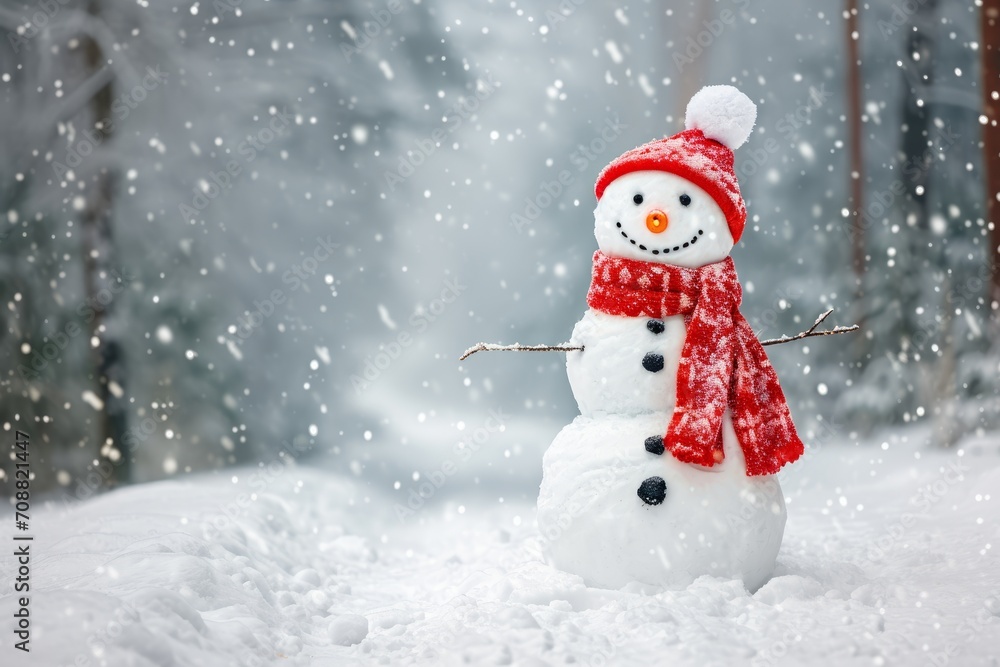 cheerful snowman enjoying snowy forest adventure, Generative AI