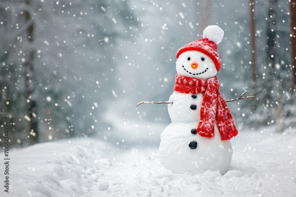 cheerful snowman enjoying snowy forest adventure, Generative AI cheerful snowman enjoying snowy forest adventure, Generative AI