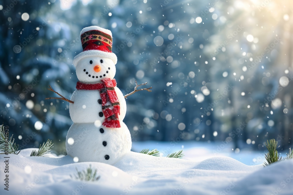 cheerful snowman enjoying snowy forest adventure, Generative AI