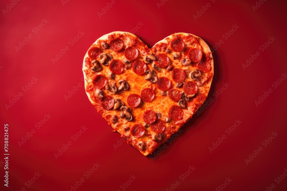  Love-Themed Heart-Shaped Pizza on a Red Background