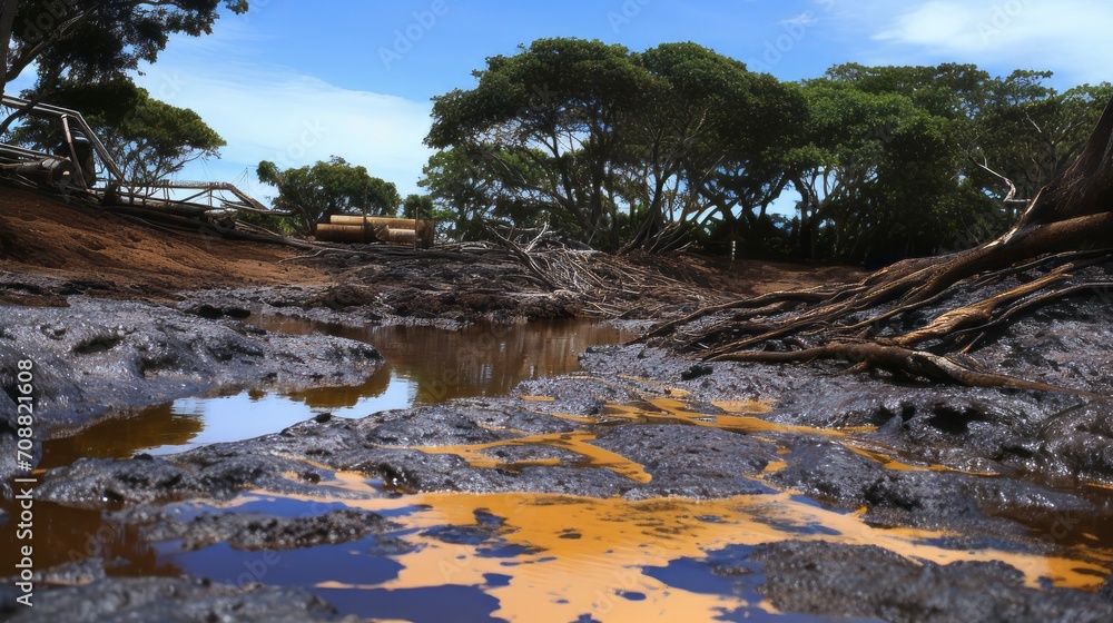 Polluted creek with oil contamination