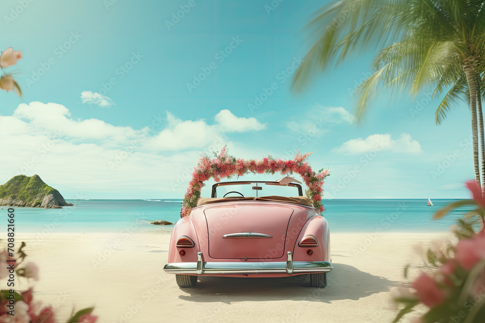 Vintage Convertible Car Decorated with Flowers on a Tropical Beach