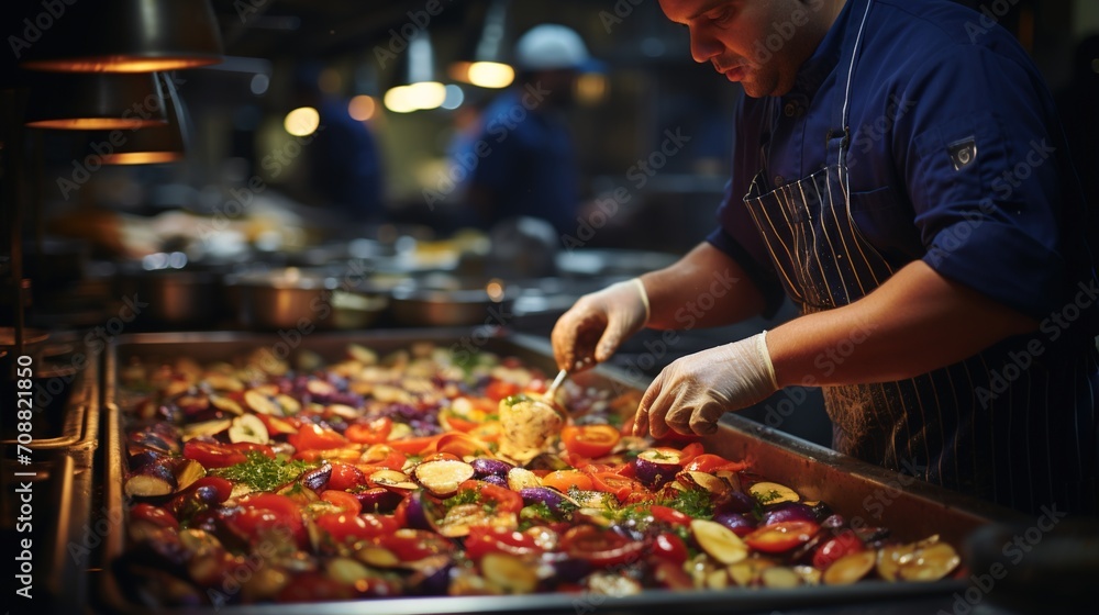 Obraz premium Chef preparing delicious food in a restaurant kitchen
