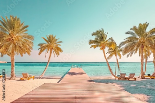 Tropical paradise getaway. Breathtaking ocean view from wooden pier on luxurious resort island showcasing clear blue waters palm trees and stunning sunset © Bussakon