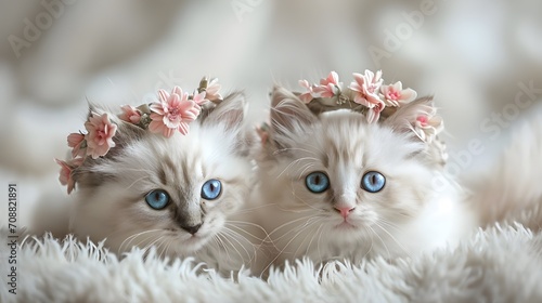 Cats wearing a flower crown, cute white kittens with blue eyes at home. Beautiful animal pet with pink flower wreath on head. © Koko Art Studio