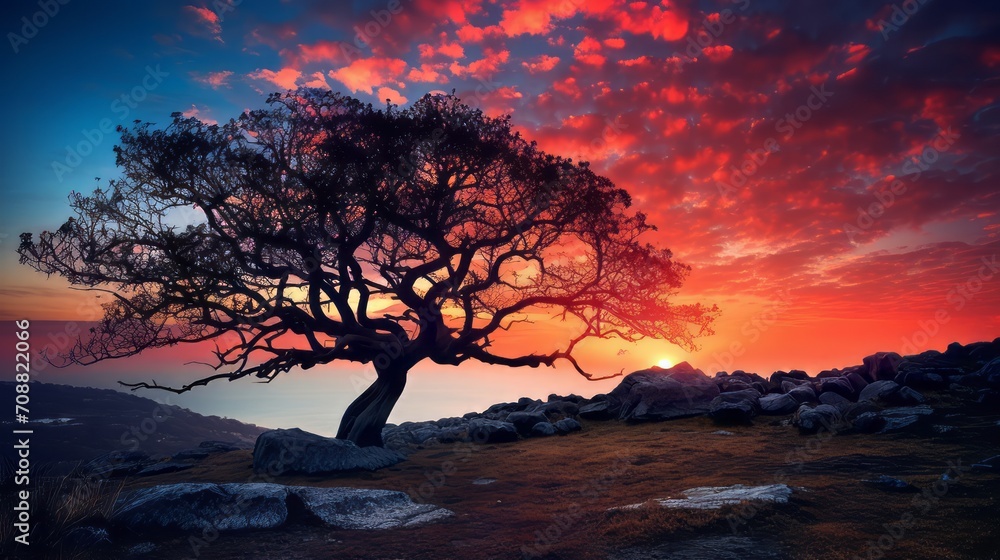 Solitary tree standing on a hill at sunset Solitary tree standing on a hill at sunset