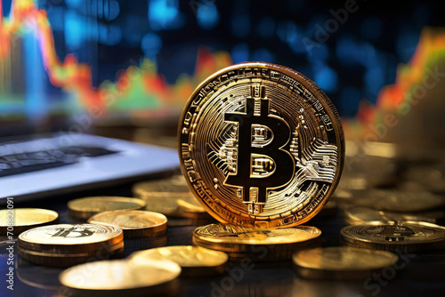 Bitcoin gold coin with a defocused chart backdrop, illustrating cryptocurrency bitcoin halving. Economic growth, financial investment, and technology concept.