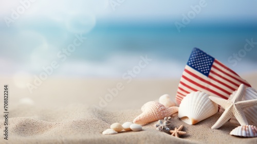Flag and shells on a sandy beach