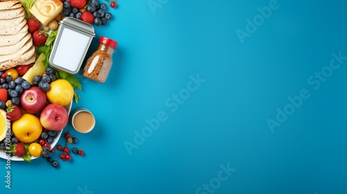 Captivating School Break: Nourishing Lunchbox Scene with Colorful Sandwiches, Fresh Fruits, and a Stylish Rucksack on Blue Background - Perfect for Text and Advertising photo