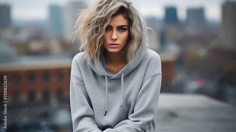 Fototapeta premium Portrait of a young blonde woman in a gray hoodie