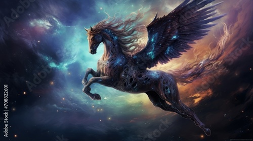 Celestial Pegasus takes flight beneath a galaxy's embrace